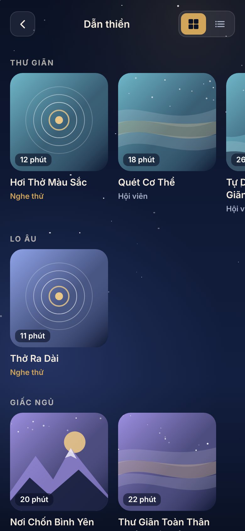 Màn hình bài dẫn thiền trong ứng dụng
